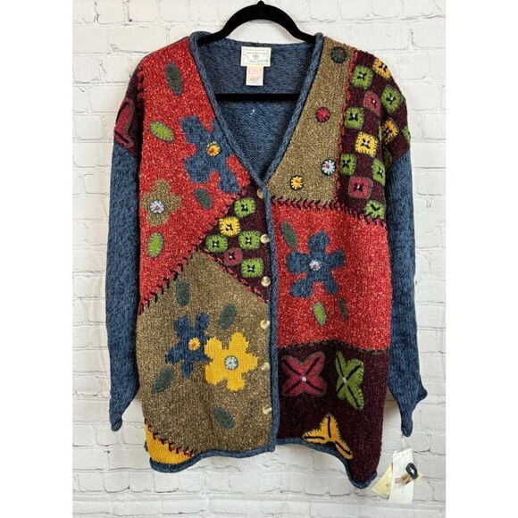 SUSAN BRISTOL multicolor patchwork embroidered knit cardigan sweater L NWT - Picture 1 of 11